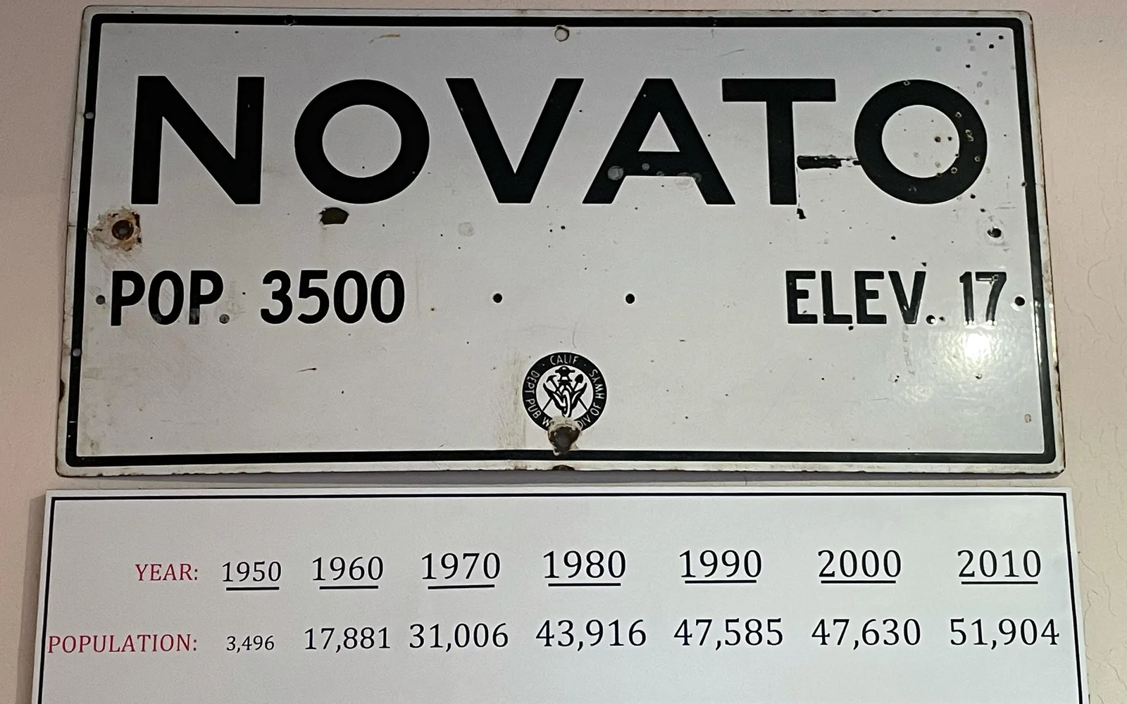 Novato city limit sign from 1950, marking the beginning of the residential community